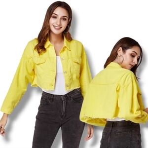 Women's Yellow Wash Denim Raw Hem Cropped Jeans Jacket